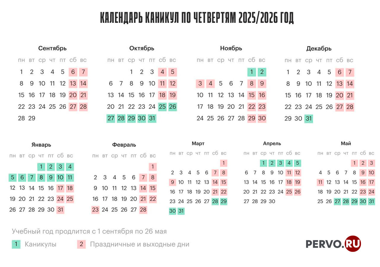 Календарь школьных каникул на 2025–2026 учебный год