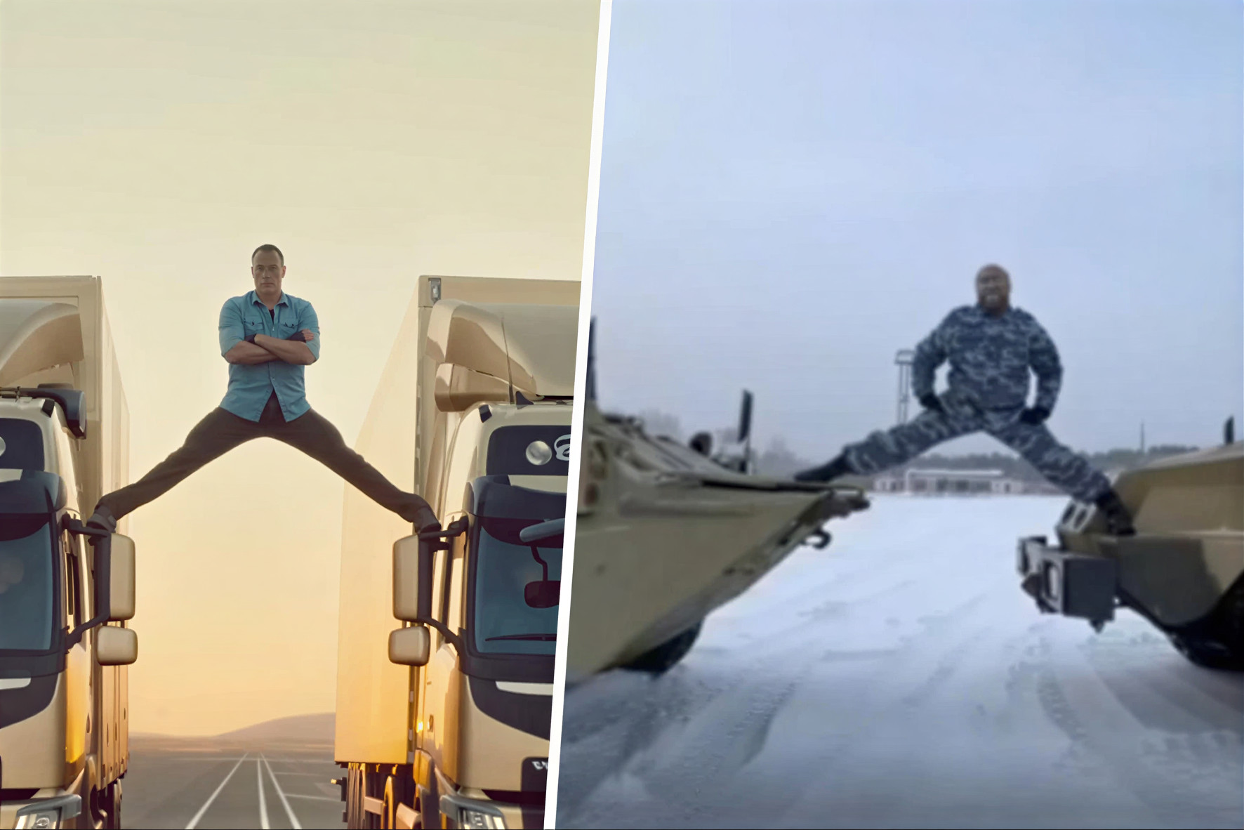 В Первоуральске боец спецназа повторил трюк Ван Дамма со шпагатом на машинах