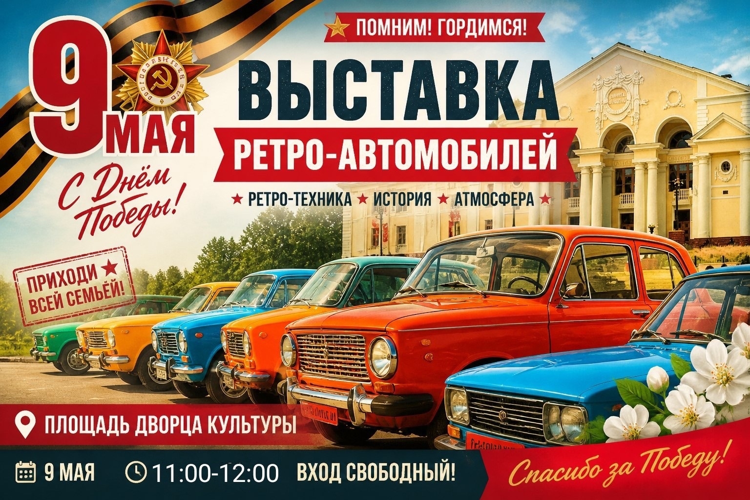 9 мая выставка ретро-автомобилей, а вечером праздничный салют
